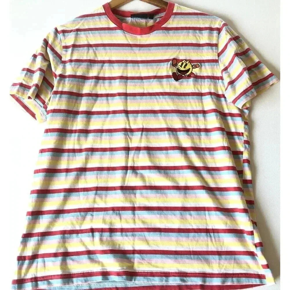 Vintage Pac-man T-Shirt Embroidered Crew Short Sleeve Blue Yellow Large Retro